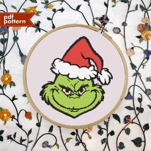 Mischievous Grinch Inspired Christmas Cross Stitch Pattern PDF Embroidery 150x150 DIY Design Kid Meme Cartoon Holiday Gift Present Winter