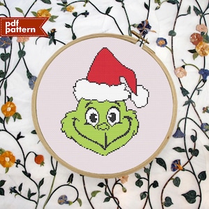 Cheerful Santa Grinch Inspired Holiday Cross Stitch Pattern PDF Embroidery 125x125 DIY Kid Meme Cute Cartoon Christmas Gift Present Winter