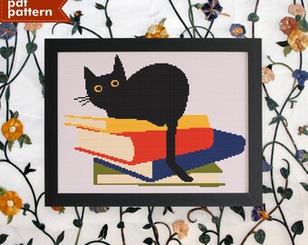 Boek Kat Cross Stitch Patroon PDF Borduren 150x120 Stitch DIY Animal Design Booktok Kitten Black Kitty Schattig Eenvoudig Gemakkelijk Instant Download