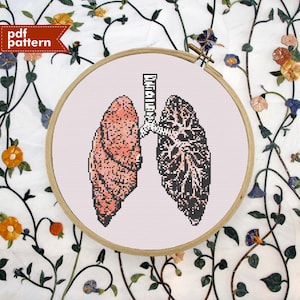 May include: A cross-stitch pattern of a pair of lungs, with one lung in pink and the other in black. The pattern is framed in a wooden embroidery hoop.