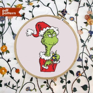 Patrón de punto de cruz navideño inspirado en el Grinch SOLO PDF Bordado 200x200 Puntada Diseño DIY Niño Niño Dibujos animados Regalo festivo Presente Invierno