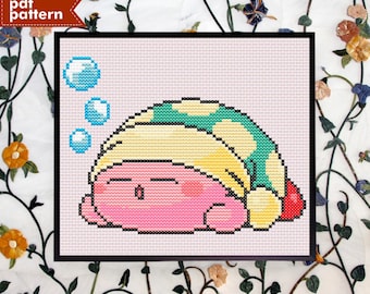 Sleepy Sleeping Kirby Inspired Mini Cross Stitch Pattern PDF ONLY Small Embroidery 80x70 Stitch DIY Easy Beginner Video Game Cartoon Meme