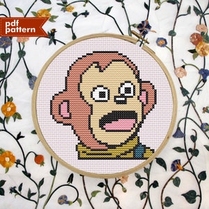 Shocked Monkey Mini Cross Stitch Pattern PDF Small Embroidery Pattern 65x65 Stitch Puppet Meme DIY Animal Cartoon Kid Baby Nursery Crafts