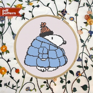 Patrón de punto de cruz de invierno para Navidad con chaqueta acolchada inspirada en Snoopey, SOLO PDF, bordado, 100 x 100, diseño de bricolaje, Peanuts, niño, meme, cachorro, dibujos animados