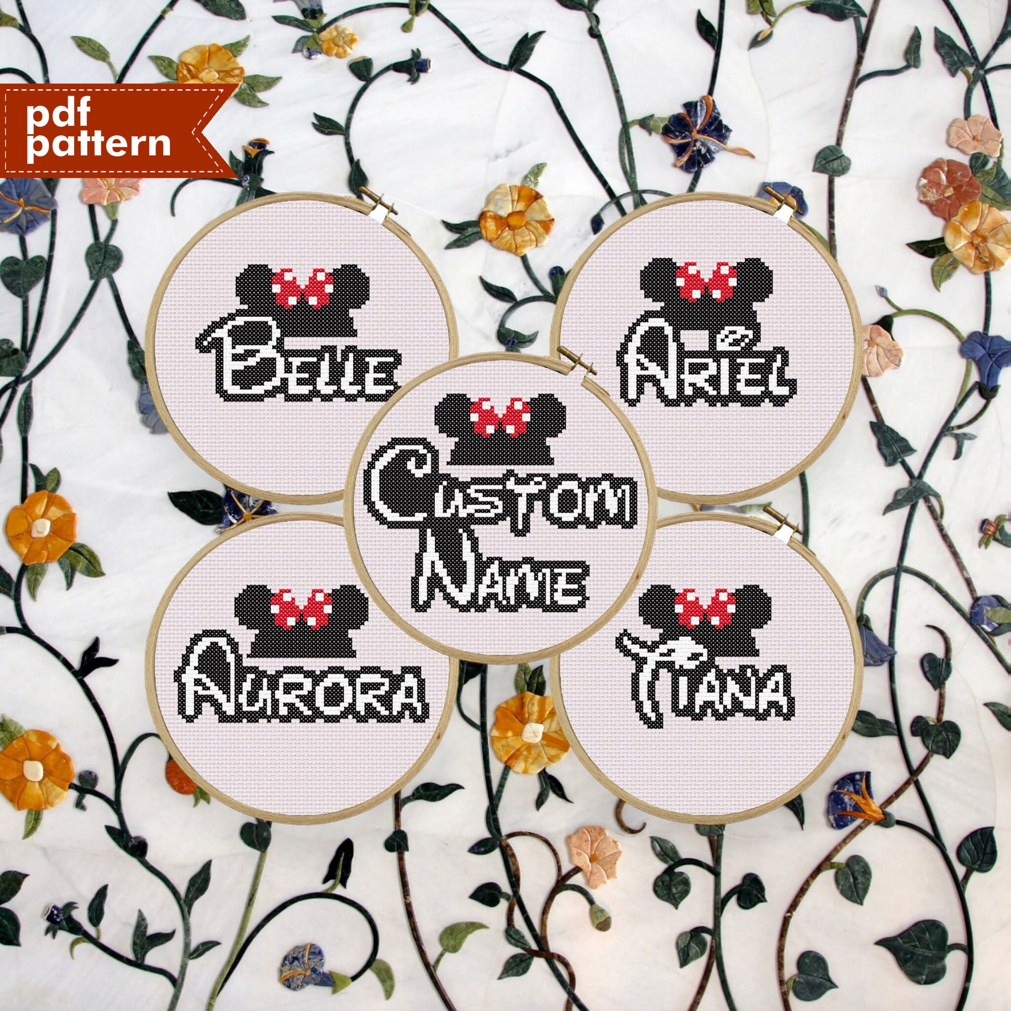 Black White Disney Font Inspired Custom Name Mini Cross Stitch Pattern PDF ONLY Embroidery 75x75 DIY Birthday Gift Mouse Ears Bow Disneyland