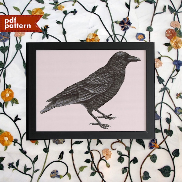Black Crow Bird Cross Stitch Pattern PDF Embroidery Pattern 250 x 190 Stitch Gothic Halloween Holiday Craft Gift DIY Decoration Hobby Nature