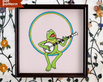 Rainbow Connection Kermit Frog Inspired Cross Stitch Pattern PDF ONLY Embroidery 200x200 DIY Muppet Design Puppet Birthday Decor Kid Meme