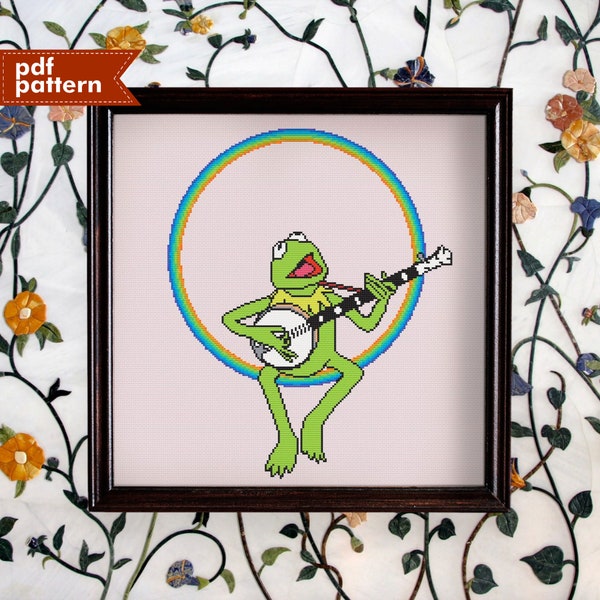 Rainbow Connection Kermit Frog Inspired Cross Stitch Pattern PDF ONLY Embroidery 200x200 DIY Muppet Design Puppet Birthday Decor Kid Meme