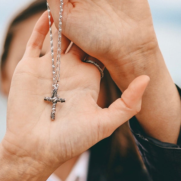 Large sterling silver twig cross pendant, Crucifix, Christianity, Christian amulet, Nature inspired jewelry, Fairy pendant, Modernist cross