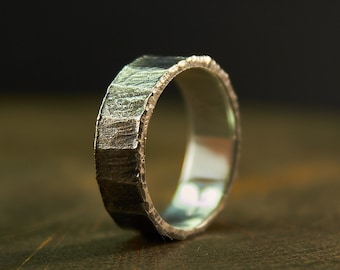 Handmade Forged Sterling Silver Mens Wedding Band, Rustic Facet Ring