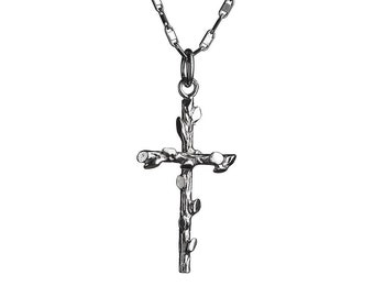 Sterling Silver Twig Cross Pendant, Nature Inspired Necklace