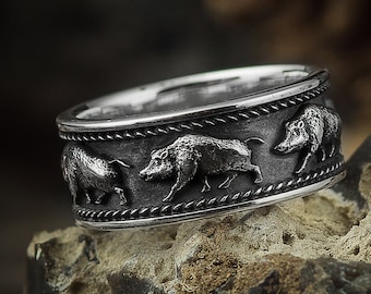 Silver Boar Ring, Boar Jewelry, Wild Hog Ring, Wild Pig Jewelry, Wild Boar Ring, Animal Ring, Animal Jewelry, Oxidized Silver Boar Ring