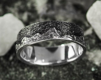 Anillo de plata de ley con paisaje de montaña, joyería unisex para senderismo