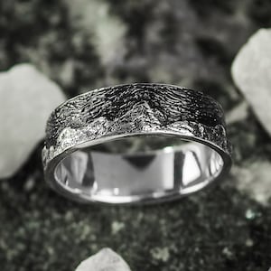 Mountain landscape ring, Silver wedding band men, Anniversary Promise ring for him, Hiking Jewelry, Hiking Ring, Gift for husband birthday