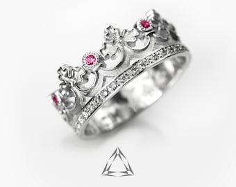 Sterling Silver Crown Ring, Purple CZ Gemstone, Handmade