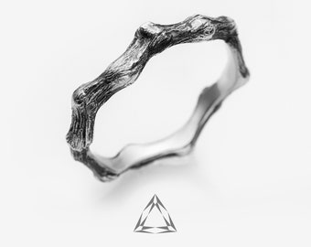 Sterling Silver Tree Bark Ring, Dainty Twig Wedding Band