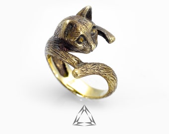 Anillo de latón de gato envolvente, anillo de animal, anillo de mujer, anillo de gatito, joyería de gato, anillo ajustable, regalo de cumpleaños, regalo de amistad para amante de los gatos