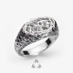 Mens rustic signet ring, Silver rough signet ring, Raw texture ring, Melted, Burnt, Textured and Oxidized ring, Handrafted silver ring