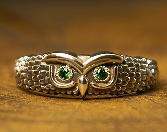 Bague hibou en argent sterling, yeux verts d'oxyde de zirconium, bijoux oiseau