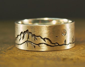 Anillo de montaña de plata esterlina, unisex, con paisaje inspirado en la naturaleza.