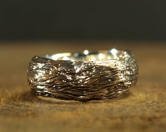 Men's tree bark wedding band, Wide silver ring, Nature ring, Tree of life Jewelry, Handmade ring, Rustic ring, Anniversary ring for him