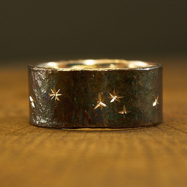 Sterling silver Constellation ring, Stars ring, Night sky wedding ring, Celestial, Black, Forged, Matte, Astrology Gift for Him and Her