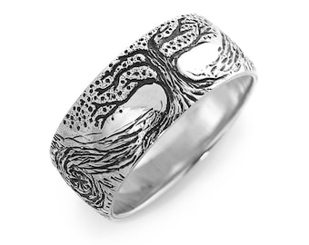 Yggdrasil ring, Viking Tree of life wedding band, Wide silver ring, Nature wedding band, Silver tree ring, Scandinavian ring, Wide band ring