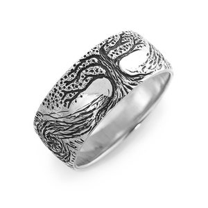 Yggdrasil Silver Men Band Ring, Tree of Life Wedding Ring