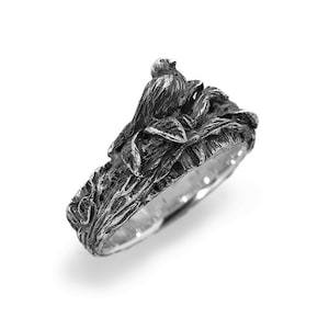 Sterling silver bird ring band, Statement birdie ring, Wide nature ring, Tree branch twig ring, Vintage style bird jewelry, Bird lover gift