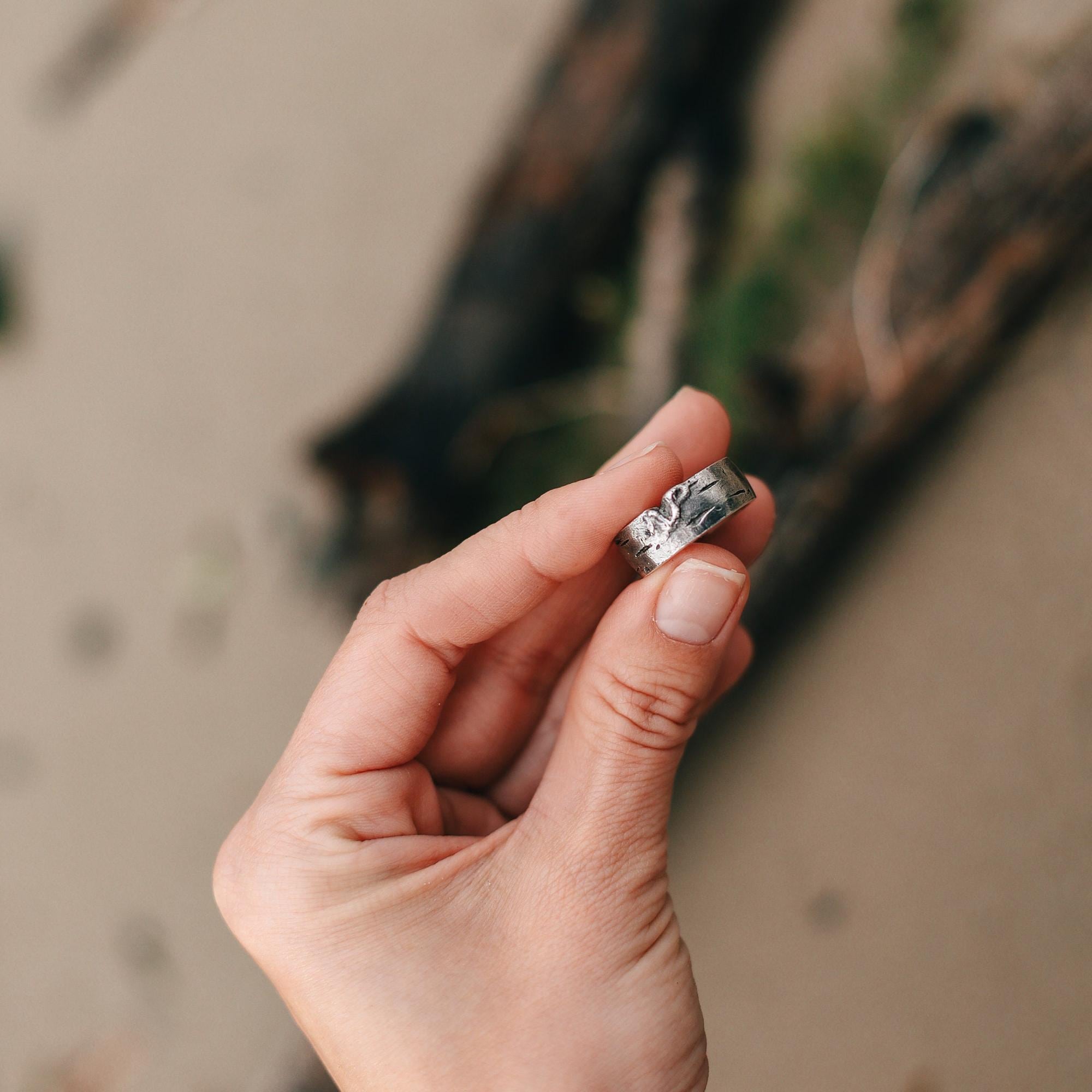Unisex Sterling Silver Birch Bark Ring – Textured Tree Branch