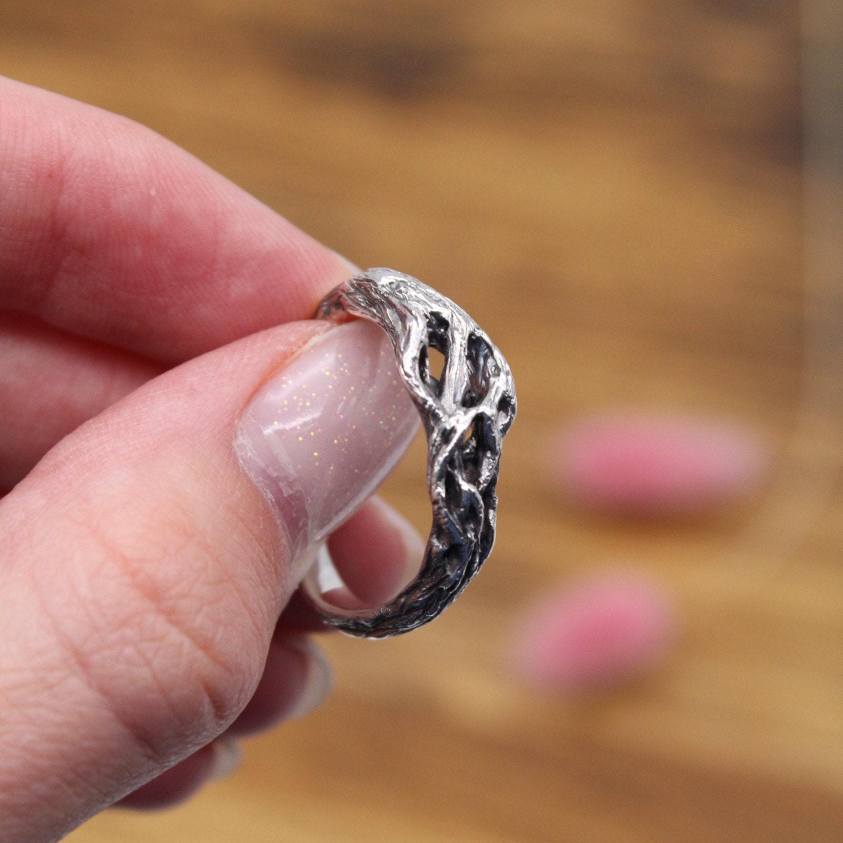 Rustic Sterling Silver Branch Ring, Oxidized Tree Bark Wedding