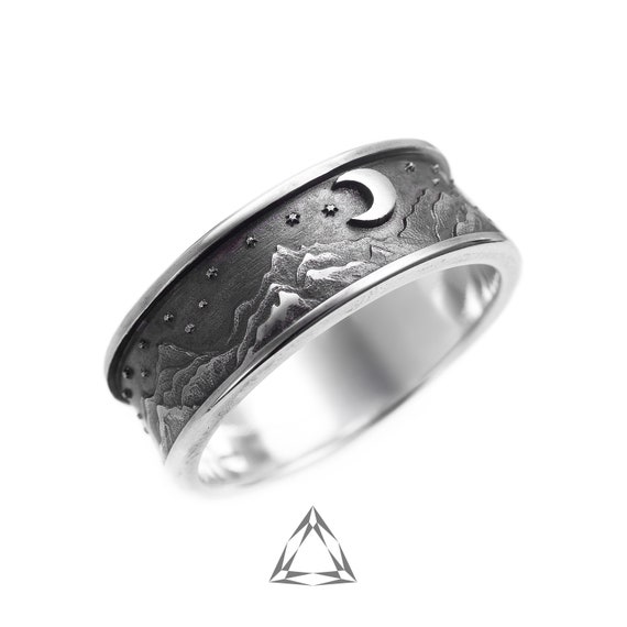 Sterling Silver Mountain Ring, Crescent Moon, Hiking Jewelry - Etsy