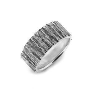 Alianza de boda con motivos naturales, anillo de boda con corteza de árbol, anillo ancho de plata, regalo de boda para él y para ella inspirado en la naturaleza, alianza de boda personalizada hecha a mano