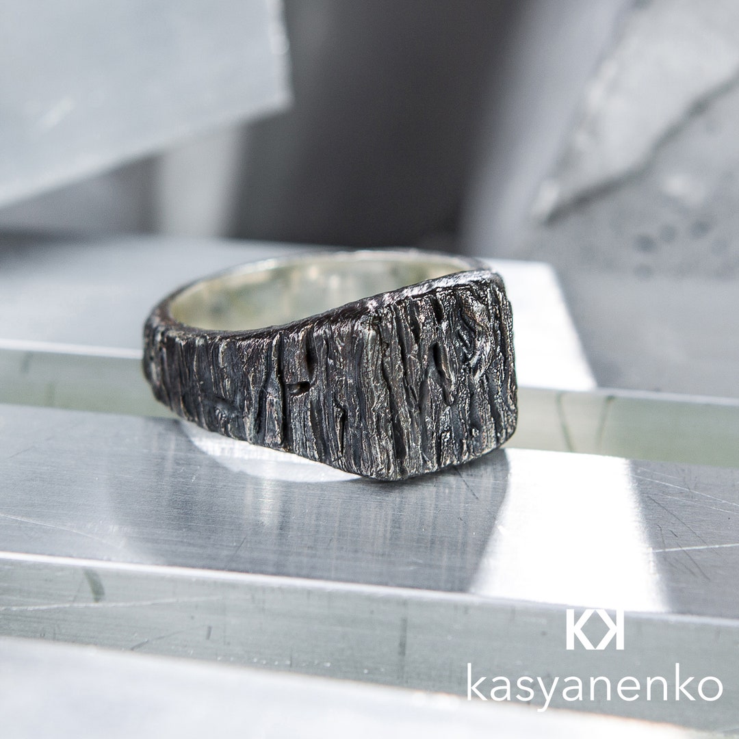 Silver Signet Ring Men, Tree Bark Ring, Nature Inspired Ring, Big