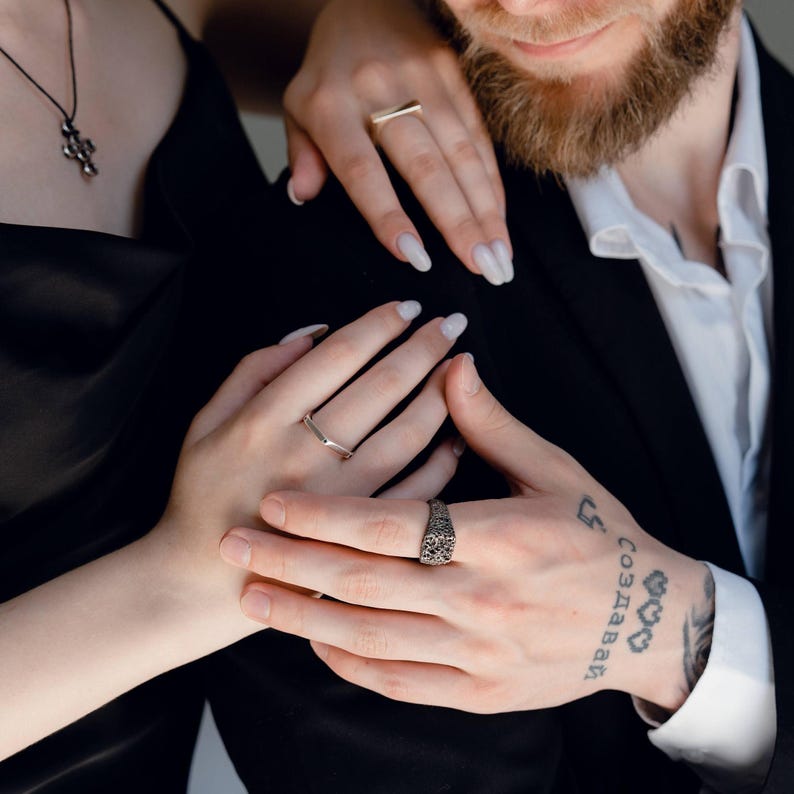 Minimalist Sterling Silver Nut Ring, Cubic Zirconia Inlay, Unisex Geometry image 4