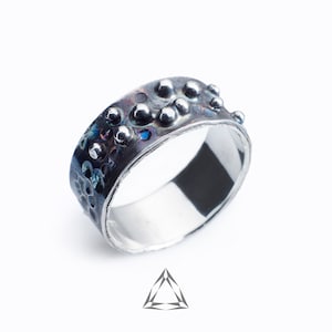 Oxidized silver bubble ring, Wide granulation ring, Granulated bead ring, Balls ring, Bubbles ring, Dots, Modernist ring, Contemporary ring