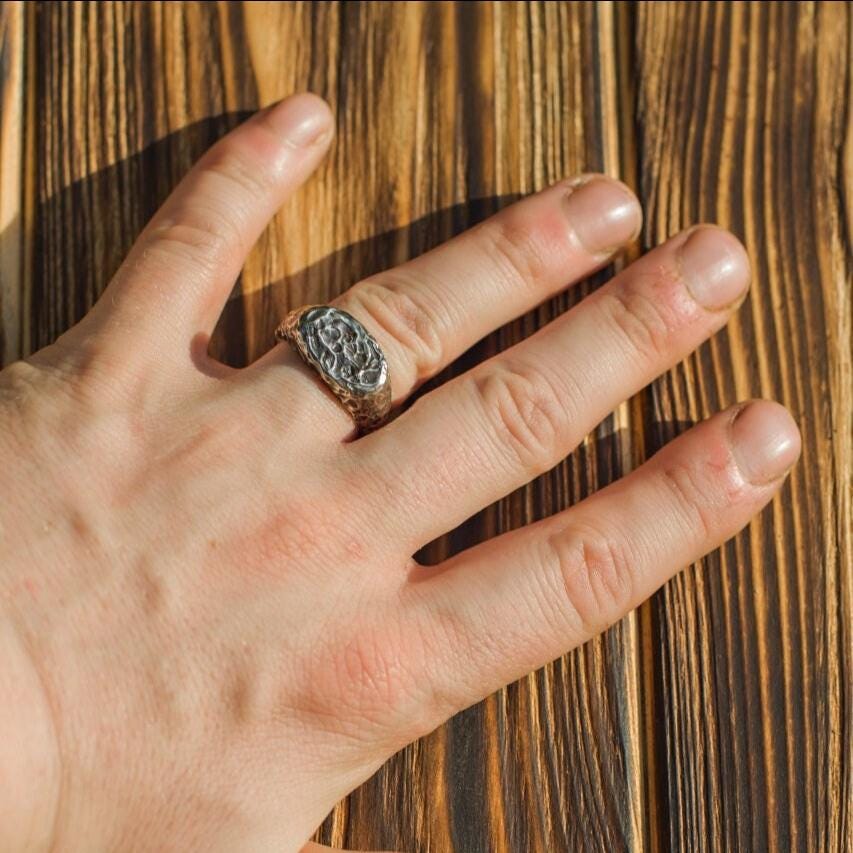 Rustic Sterling Silver Signet Ring, Raw Texture, Oxidized Handmade