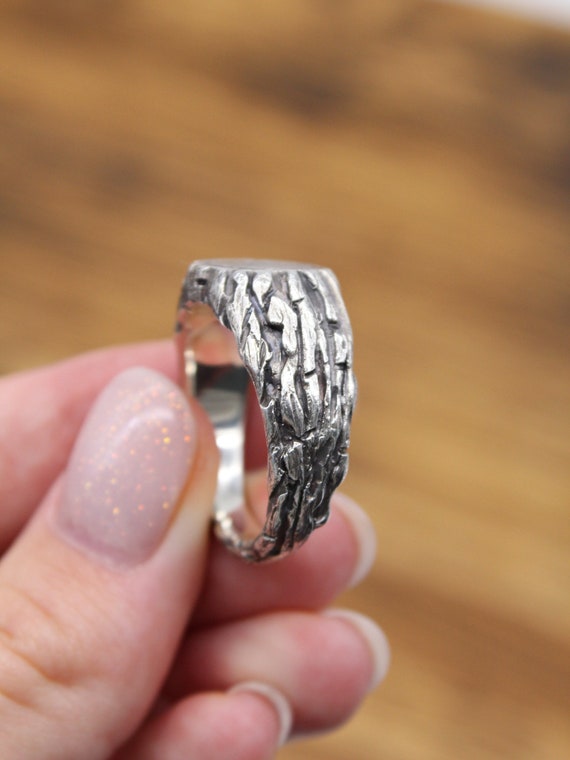 Sterling Silver Tree Stump Signet Ring, Tree Bark Ring