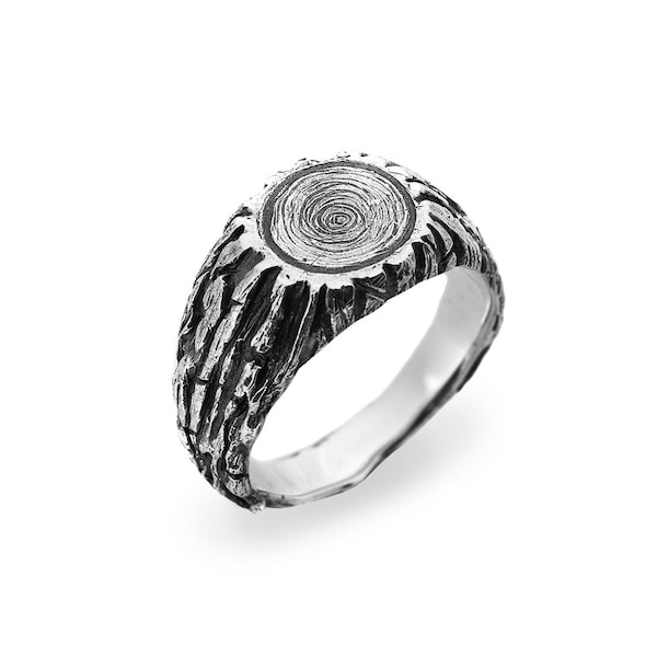 Chevalière de souche d'arbre en argent sterling, bague en écorce d'arbre, bijoux de nature texturée, bague unisexe pour hommes ou femmes, bague inhabituelle faite à la main