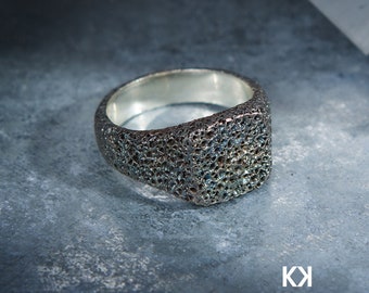 Handcrafted Sterling Silver Brutalist Signet Ring, Rustic Geometric Design