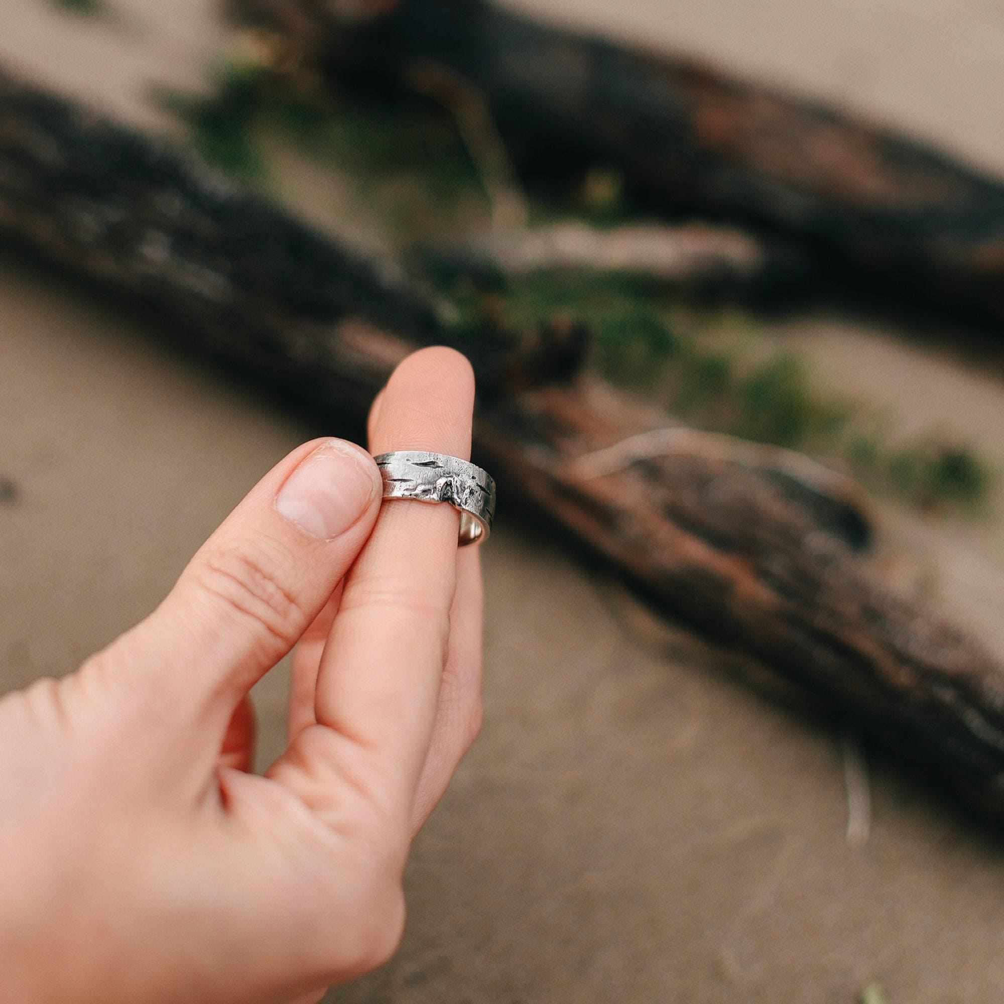 【一点物】Bark Ring 純銀製 ハンドメイド シルバーリング Unisex Sterling Silver Birch Bark Ring – Textured Tree Branch