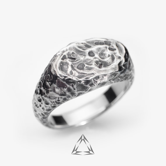 Rustic Sterling Silver Signet Ring, Raw Texture, Oxidized Handmade