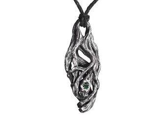 Sterling Silver Tree Bark Pendant with Green CZ, Celtic Nature Jewelry