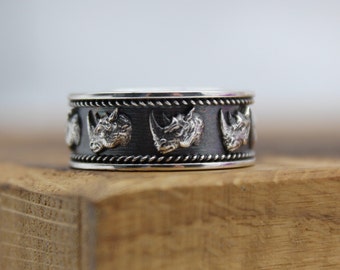 Sterling Silver Rhinoceros Ring, Animal Jewelry, Unisex Band