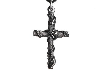 Large Sterling Silver Twig Cross Pendant, Christian Amulet