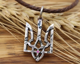 Sterling Silver Ukraine Trident Pendant, Garnet Accent
