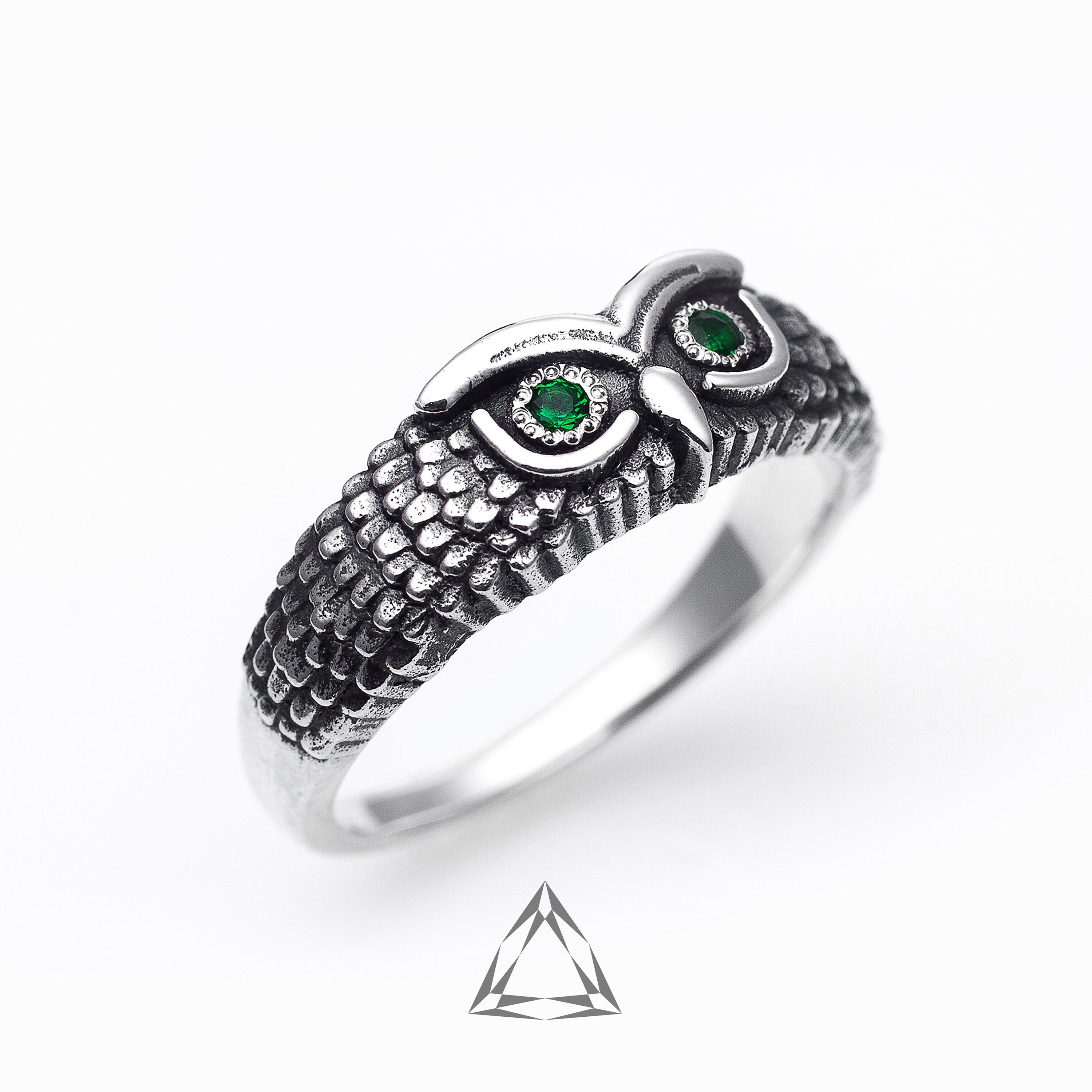 Sterling Silver Owl Ring with Gemstone Eyes