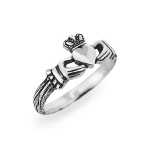 Claddagh ring women, Fede ring, Celtic engagement ring with tree bark texture, Celtic crown ring, Heart shape Promise ring, 925 Silver ring