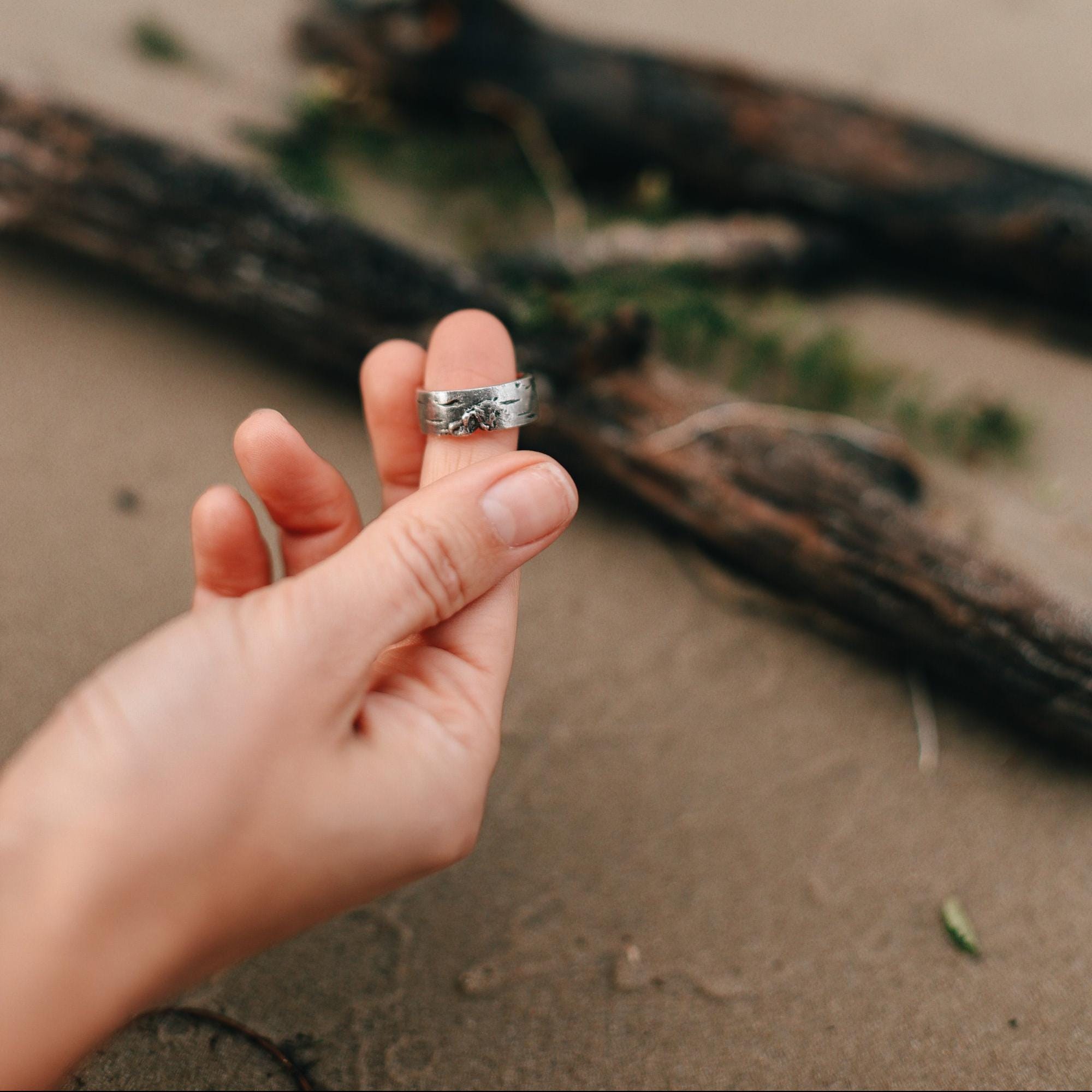 Unisex Sterling Silver Birch Bark Ring – Textured Tree Branch
