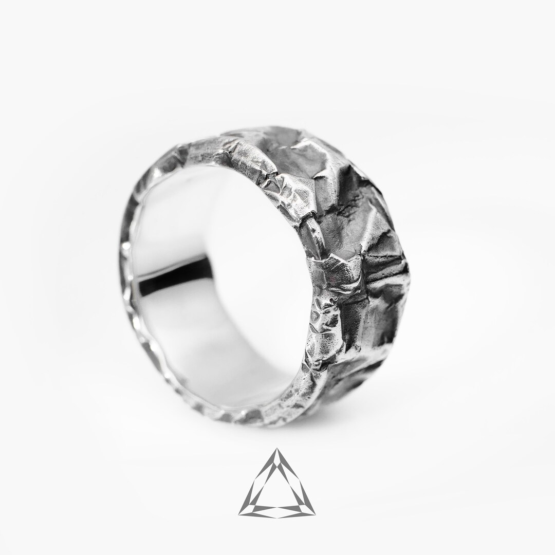 Handcrafted Brutalist Ring, Rugged Chunky Silver Ring, Crumpled Paper